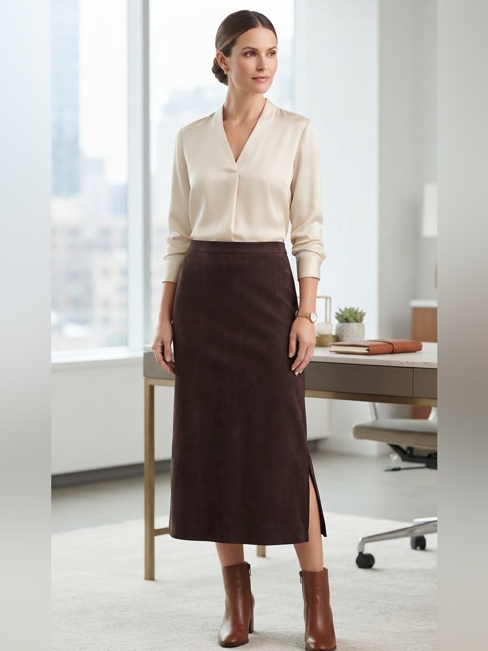 Tribal Stretch Brown Faux Suede Midi Skirt – Women's Size 10P